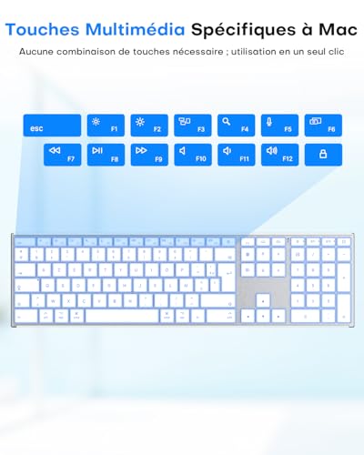OMOTON Aluminium Wireless Mac Keyboard, 2.4G & Bluetooth (BT1/BT2), AZERTY Backlit Keyboard for Apple Macbook Pro/Air, Mac Mini, iMac, iMac Pro, Silent Rechargeable, Silver
