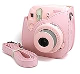 Woodmin Pink PU Leather fuji mini case bag for Fujifilm Instax Mini 8 case + Free Shoulder Strap