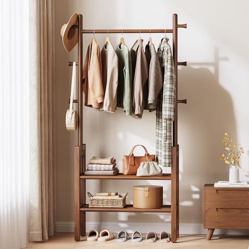 Solid Wood Clothing Rack with Shelves - Coat Rack Freestanding with 6