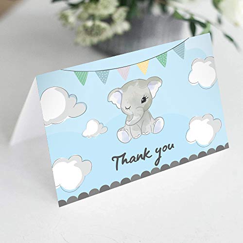 Thank You Baby Shower Card for Boys – UV Emboss Matt Finish. 24 Pack Pink Elephant Baby Boy Cards. Baby Boy Thank You…