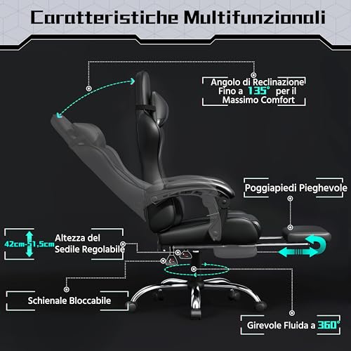 Yaheetech Ergonomic Massage Reclining Gaming Chair with Footrest, Headrest and Lumbar Support Faux Leather Padded Armrests, Gamer Desk Chair with Swivel Casters, Black