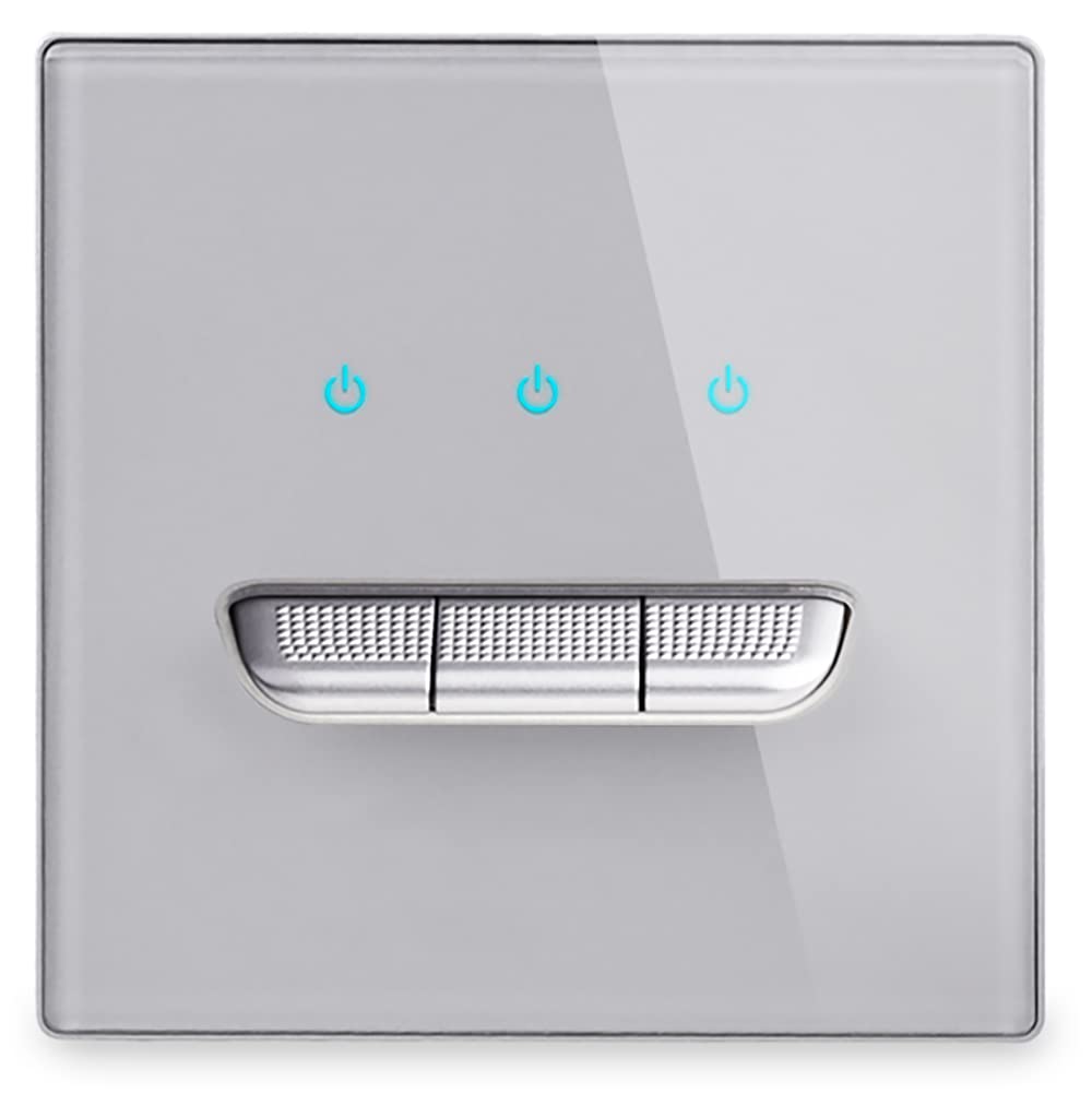 1/2/3/4 Gang 2 Way Black/White/Grey/Gold Wall Light Switch Chrome Toggle Press Button Tempered Glass Plate Blue LED Light (3 gang 2 way grey) — image 1