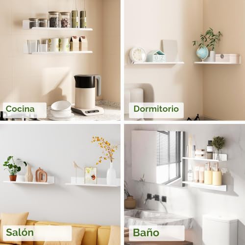 SAYAYO Wall Shelves 2 Pieces, 40 cm Decorative Adhesive Floating Shelves White Shelves, Wall Shelves without Holes for Bedroom, Bathroom, Kitchen, Living Room, Office