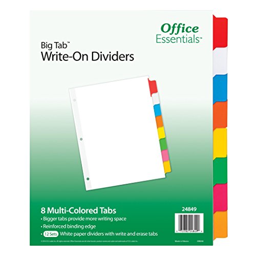 Office Essentials Big Tab Write-On Dividers, 8-1/2" x 11", 8 Tab, Multicolor Tab, 12 Pack (24849)
