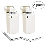 Senneny 2 Pack Collapsible Reusable Drinking Straws Stainless Steel Premium Food-Grade Folding Drinking Straws Keychain Portable Set with Hard Case Holder & Cleaning Brush (White & White)
