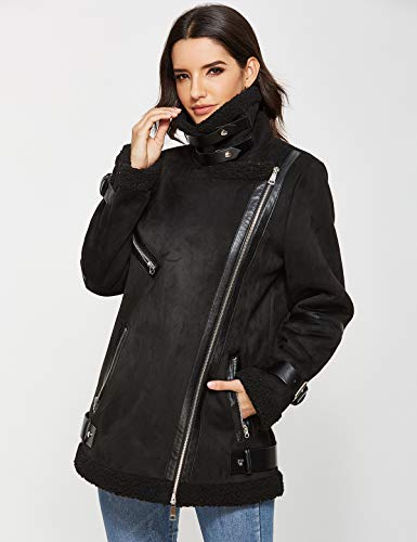 Escalier Women's Winter Lapel Faux Suede Leather Jacket with Sherpa Fleece Lining Black XL - Thumbnail 4