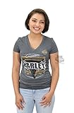 Harley-Davidson Womens Burning Brightly B&S Synthetic V-Neck Charcoal Short Sleeve T-Shirt - LG