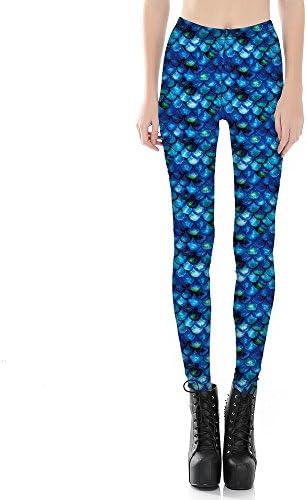 Idingding Womens Mermaid Fish Scale Sequined Printed High Waist Leggings Pants (M, Fantasy Blue)