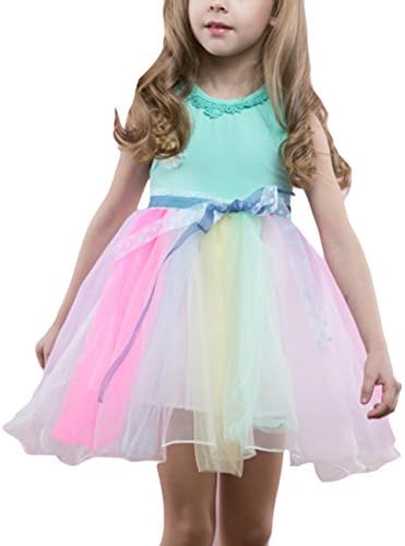 Aulase Little Girls Dresses Sweet Rainbow Summer Beach Sundress Tutu Tulle Skirt Green 3-4Y/Tag 110cm