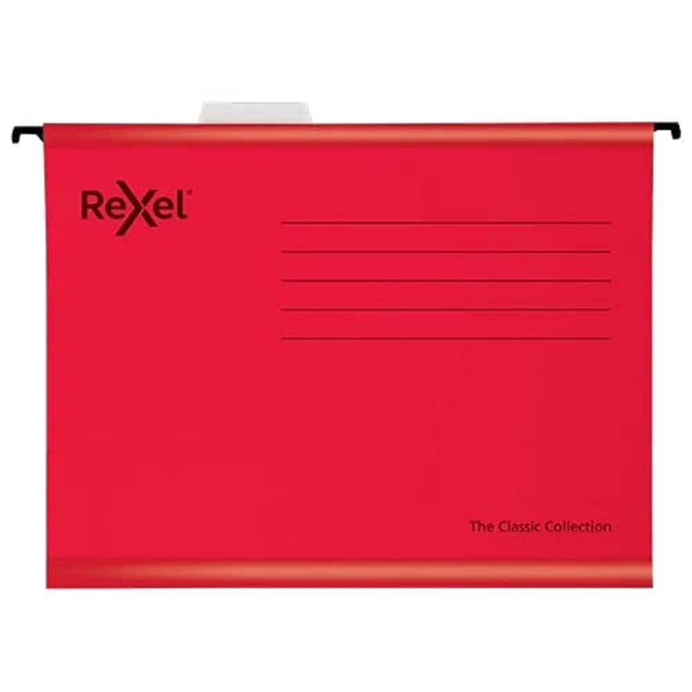 Rexel Classic Foolscap Reinforced Suspension Files for Filing Cabinets 15 mm V base, 100 Percent Recycled Card, Red, Pack of 25, 2115592