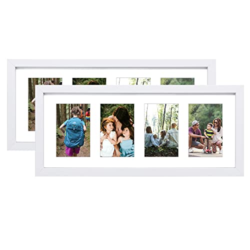 Photo 1 of 8x20 White Collage Picture Frames with 4 Openings, Display Multiple Four 4x6 Photos or 8x20 without Mat, Wood Collage Frame Covered by Plexiglass Wall Mounting Horizontal or Vertical (White, 2-Pack)