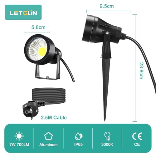 LetGlin 7W 700LM LED Garden Lighting with Power, 3000K Large Super Bright Outdoor Garden Lights, IP65 LED Outdoor Decoration for Wall Terrace Tree Paths, 1 Piece