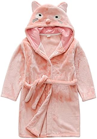 Rohern Cute Cat Hooded Bathrobe Kids Fleece Pajamas Sleepwear Pink 110