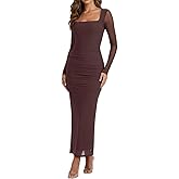 Narecte Womens Formal Dresses Mesh Ruched Maxi Dress Square Neck Long Sleeve Bodycon Fall Wedding Guest Cocktail Dress