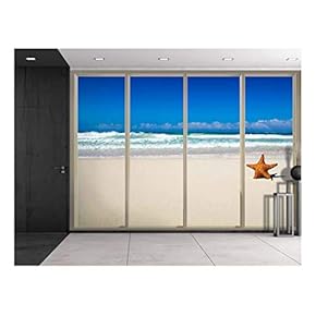 Wall26 - Starfish Overlooking The Ocean Waves at The Shore Viewed from Sliding Door - Creative Wall Mural, Peel and Stick Wallpaper, Home Decor - 66x96 inches