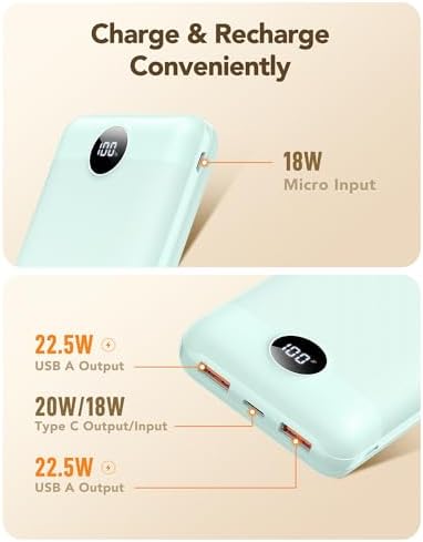 20000mAh Batería Externa Power Bank - Batería Portátil con Carga Rápida 22.5W QC3.0, USB-C Entrada y Salida para iPhone, Android, Tablets y Más (Verde Jade)