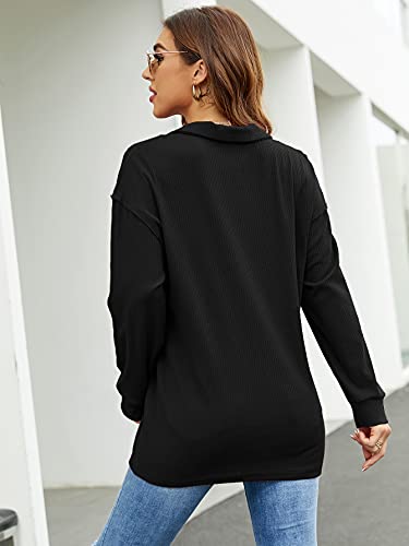 SHIBEVER Women Button Down Up Shirts Long Sleeve V Neck Blouse Ribbed Knit Relaxed Fit Tunic Tops Black M