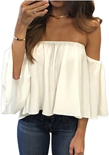 Simaier Women off Shoulder Tops Summer Chiffon Blouse White Casual Shirt