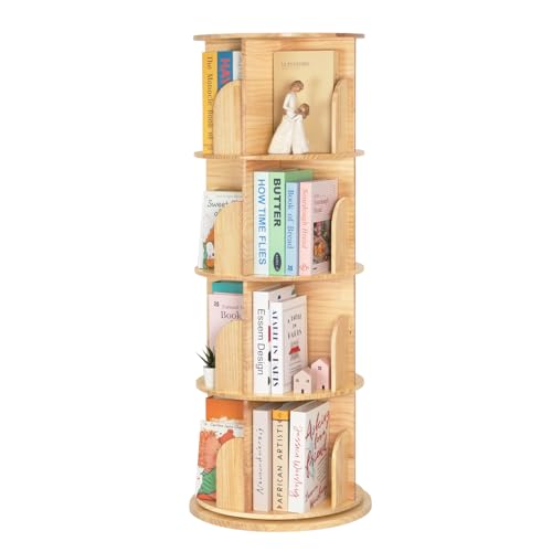 OOOK Solid Wood Rotating Bookcase, 360 Degree Rotating Bookcase with 4 Tiers, Multifunctional Narrow Wood Adult Bookcase, Storage Cabinet for Living Room