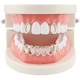 Huliyhus 18K Gold Plated Hip Hop Teeth Grillz Caps Open Face 2pcs Single Top and Bottom Grills for Your Teeth Grillz Set for Men Women