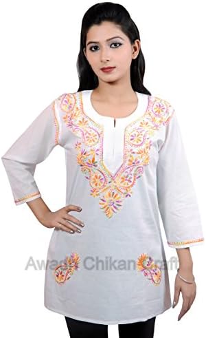 ACC Ladies Blouse Tunic 100% Cotton White Hand Embroidery Indian kurti WML01-XL