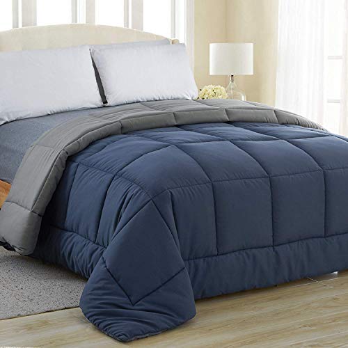 Equinox All-Season Navy Blue/Charcoal Grey Quilted Comforter - Goose Down Alternative - Reversible Duvet Insert Set - Machine Washable - Hypoallergenic - Plush Microfiber Fill (350 GSM) (Queen)