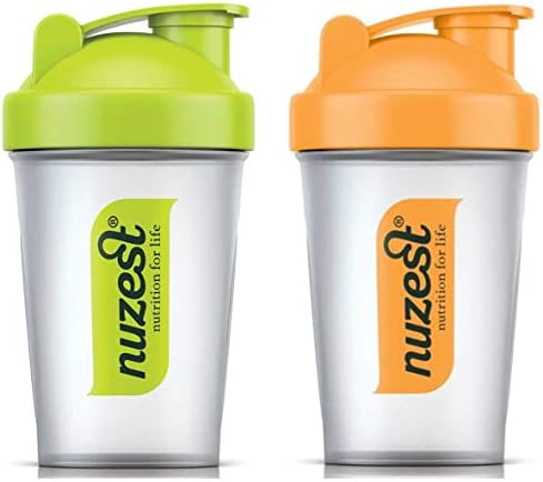 2 x Nuzest Protein Shaker Bottles with Mixing Ball 400ml - Green & Orange