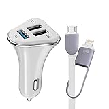 Car Charger, 3 Port USB [White] with 2-in-1 Lightning Micro USB Cable for iPhone 7 6S Plus 6 5SE 5S 5 5C 4S , Samsung Galaxy S7 S6 Edge, Note 5 4 S5 Tab S, LG G5 G4 HTC Nexus iPads pro portable