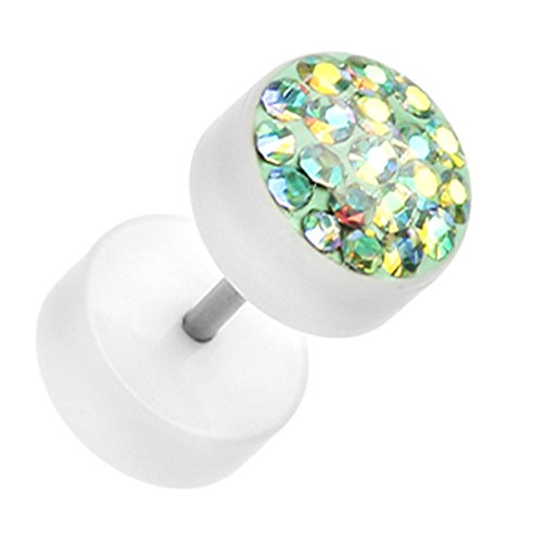 Sparkling Multi Glass-Gem White UV Fake Plug - 16 GA (1.2mm) - Ball Size: 5/16" (8mm) - Green/Aurora Borealis - Sold as a Pair