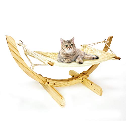 Luxury Cat Hammock, Cat Bed for Indoor, Perfect for Cats Ferrets & Small Dogs, Cat Bed Furniture, Wooden Hammock Bed, Self Warming Cat Bed Cushion, Hanging Pet Hammock Wooden Frame, Easy to Assemble