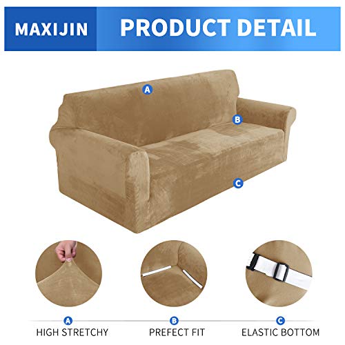 MAXIJIN Thick Velvet Sofa Cover for 3 Seater, Super Elastic Non-Slip Sofa Cover, Pet Friendly 1 Piece Furniture Protector (3 Seater, Camel)