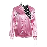 COSFLY Ladies 50S Grease T Bird Danny Pink Satin Jacket Halloween Cosplay Costume with Neck Scarf (Large)