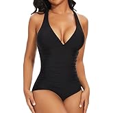 SHAPERIN Women One Piece Swimsuits Tummy Control V Neck Bathing Suits Ruched Push Up Padded Swimwear