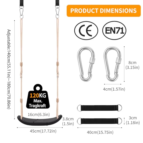 Fionrziy Ergonomic Swing, Height-Adjustable Children's Swing up to 120 kg for Outdoors, Weatherproof and Non-Slip Swing Seat, Includes Tree Straps and Carabiner for Children from 3 Years, Black