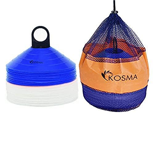 Kosma set of 50 Training Marker Cones (19 cm) with Stand and Net Bag | White & Blue | Stackable Training Cones for Netball, Cricket, Rugby, Netball