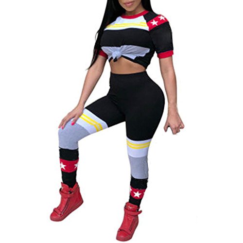 Womens 2 Piece Outfits Short Sleeve Crop Top Pants Set Yoga Gym Jogging Tracksuits Set Sweatsuits - Thumbnail 3