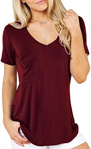Women's Summer Casual Sexy Short Sleeve V Neck Patch Pocket Slub Texture Tee Loose Top Tshirt