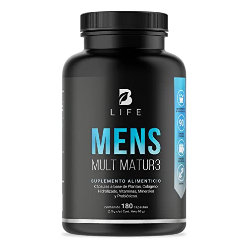 B Life Multivitamínico para Hombre 40+ | 180 Cápsulas con Vitaminas A, C, D, E y más Potenciadas con Calcio, Colágeno, Creatina y Probióticos para Vitalidad y Energía.