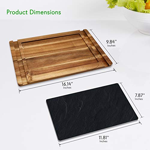 Wooden Board Sushi Serving Plate - Rectangular Japanese Sushi Serving Plate - Acacia Wood Platter Display/Cutting/Serving Tray Set - Slate Plate, 2 Ceramic Sauce Bowls, Chopstick - NutriChef PKSUSH10
