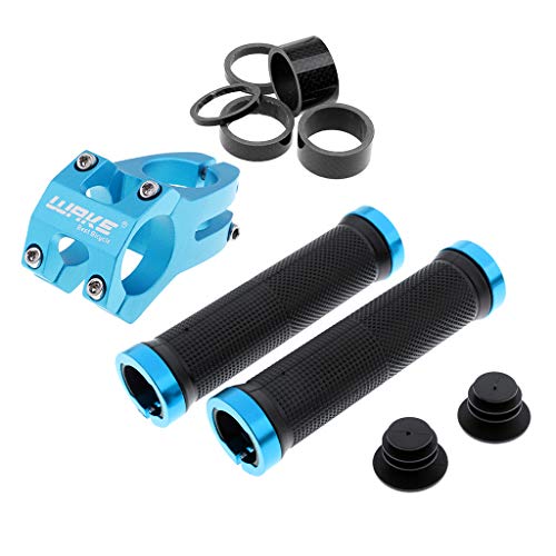 Prettyia 31.8mm Mountain Bike Short Handlebar Stem + 2Pcs Double Lock on Locking Bicycle Handlebar Rubber Non-Slip Grips + 5Pcs 1 1/8-Inch Stem Spacers Washers