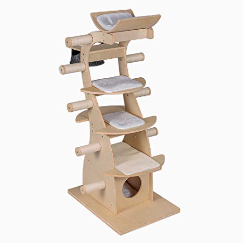 Good Life 63" Modern Design Cat Tree House with Scratching Post Tower - Deluxe Solid Wood Indoor Furniture - 6 Floors Kitty Condo Climbing Play Center with Hammock Perch Cave and Ten Sisal Columns