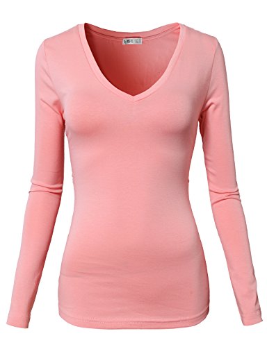 H2H Women's Basic Fitted Soft Breathable Long Sleeve Deep V Neck T Shirt BABYPINK US M/Asia M (CWTTL0172)