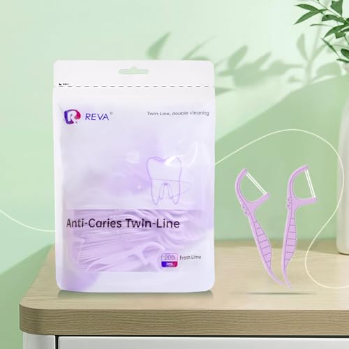 Reva Anti-Caries Twin-Line Dental Floss Picks - 200 Count (Pack of 1), Fresh Lime Flavour Toothpicks, Teeth Cleaning Sticks