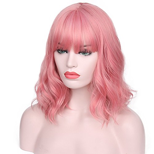 Short PINK Wavy Bob Wig For Women W Air Bangs Synthetic ...