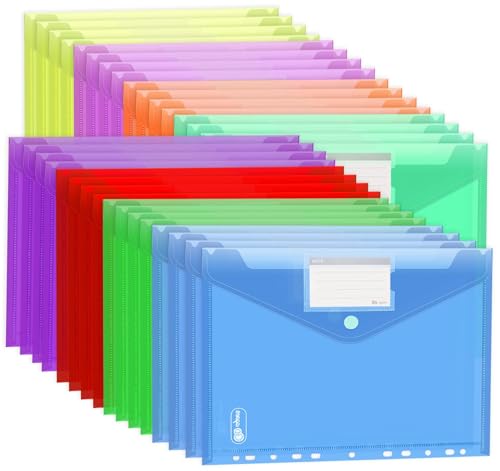 Agoer Document Wallet A4+ Filing Pack of 32 [Wider Sizes] 8 Colours Document Folder A4 Velcro with 11 Hole Edge and Label Pocket, Waterproof Transparent Folders Folder System