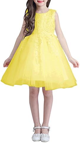 JY FASHION Lace Wedding Flower Girl Dress Bow on Back 5=Height45"-48" Yellow