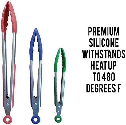 Kitchen Tongs By Freezerjams: Set Of 3 Colorful Cooking Tongs Made Of Stainless Steel And Heat-Resistant Silicone – Professional Utensils For Grilling, BBQ, Serving Food And Mixing Ingredients