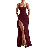 LAGSHIAN Women's Elegant Square Neck Sleeveless Bodycon High Split Ruched Long Formal Evening Dress