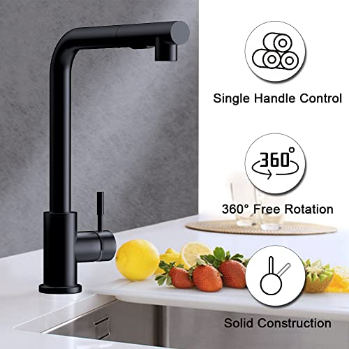 EYSCOTA Küchenarmatur, Spültisch-Mischbatterie aus massivem Messing mit Pull-Down-Sprayer, Einhebel-Einloch-360 ° -Spültischarmatur kalt und heiß, mattschwarz