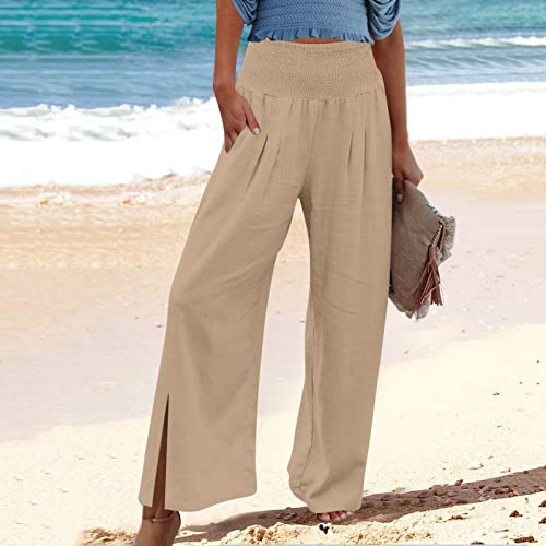 KICILVS Wide Leg Linen Pants for Women High Waisted Palazzo Pant Flowy Summer Beach Pants with Pockets Loose Fit Trousers Beige
